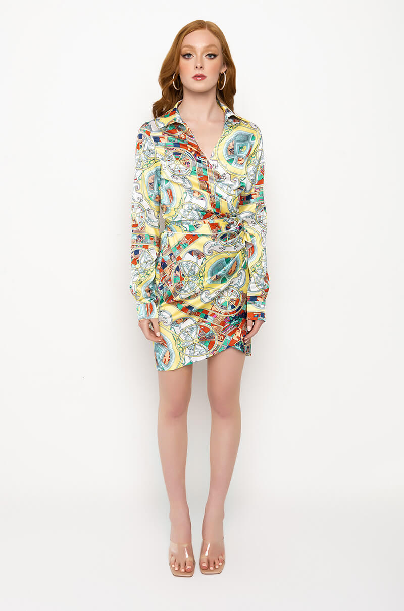 SHE'S A PAINTING SCARF PRINT WRAP DRESS