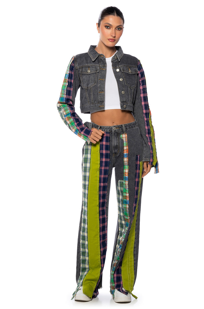 SOMETHIN NEW PLAID DETAIL WIDE LEG JEAN