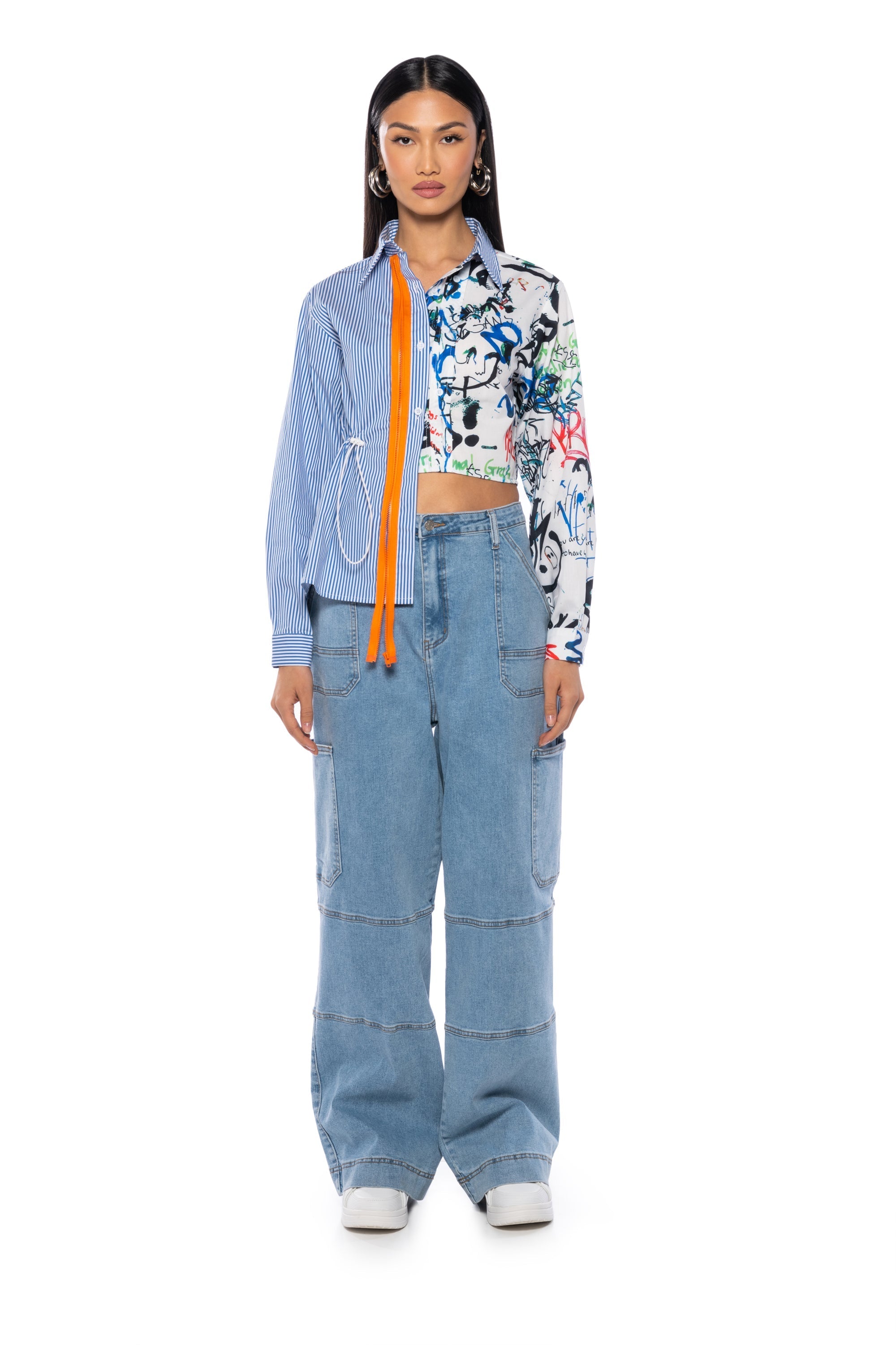 SPENCER ASYMMETRICAL MIXED BUTTON DOWN
