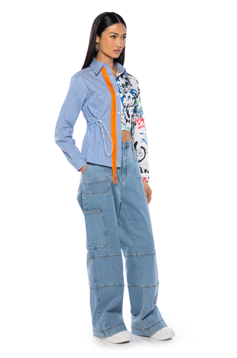 SPENCER ASYMMETRICAL MIXED BUTTON DOWN