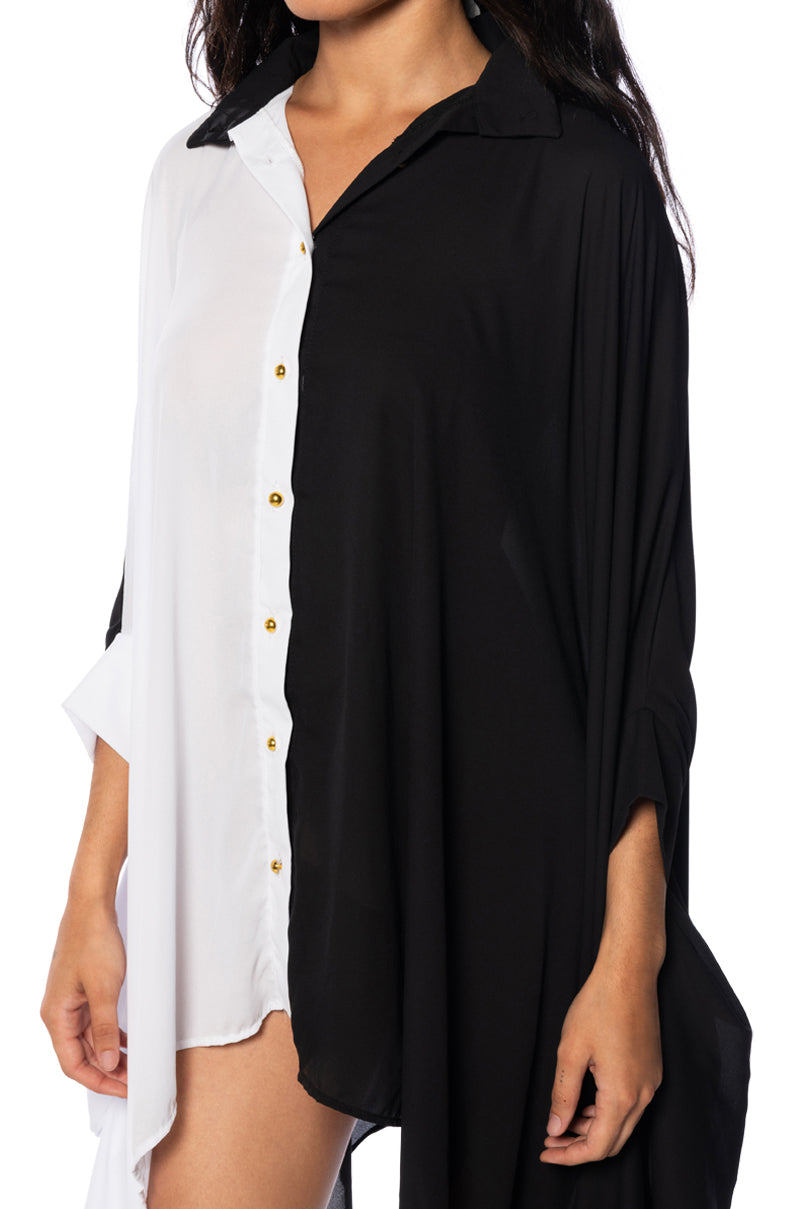 SPLIT DECISION HIGH COLLAR FLOWY MINI DRESS