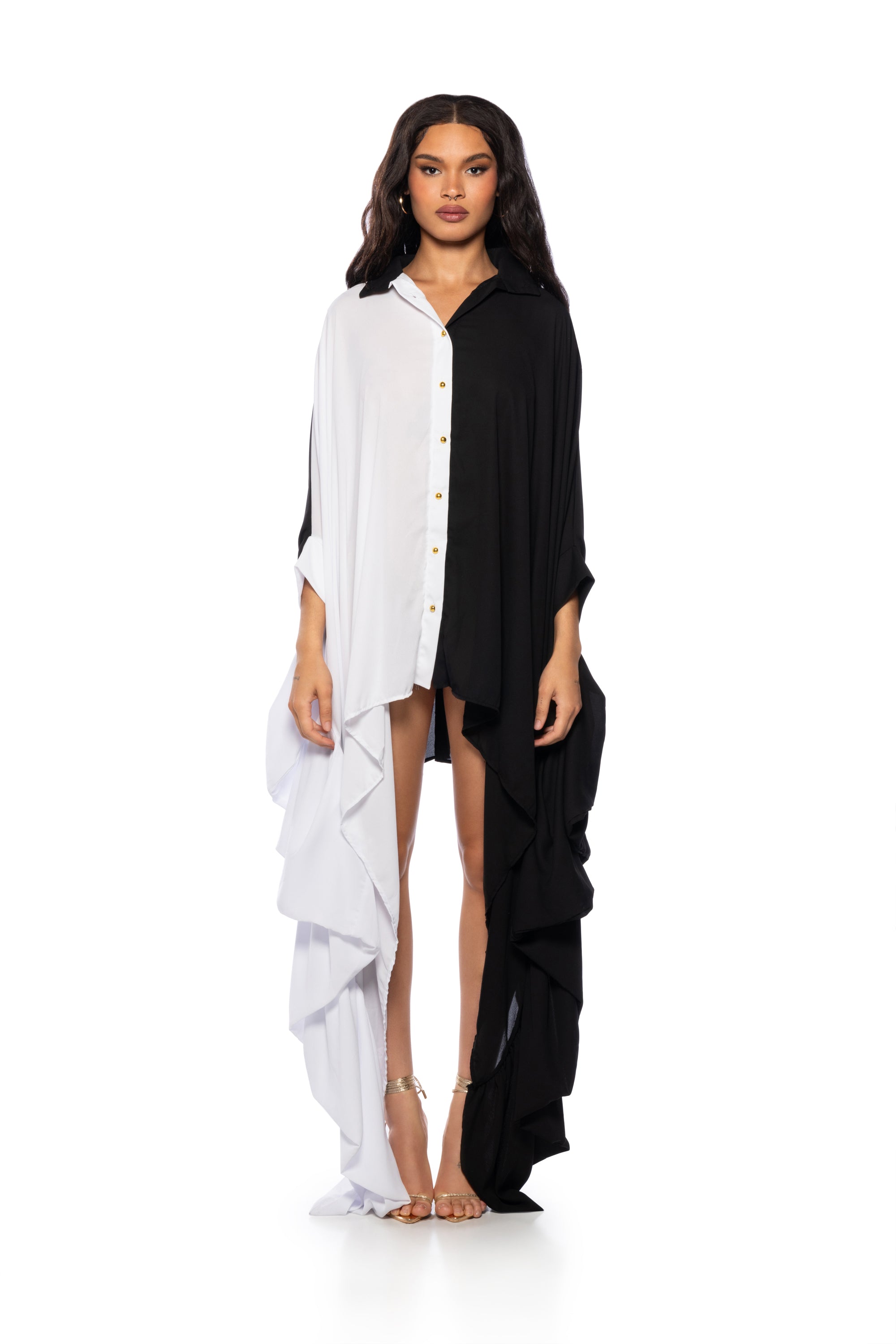 SPLIT DECISION HIGH COLLAR FLOWY MINI DRESS