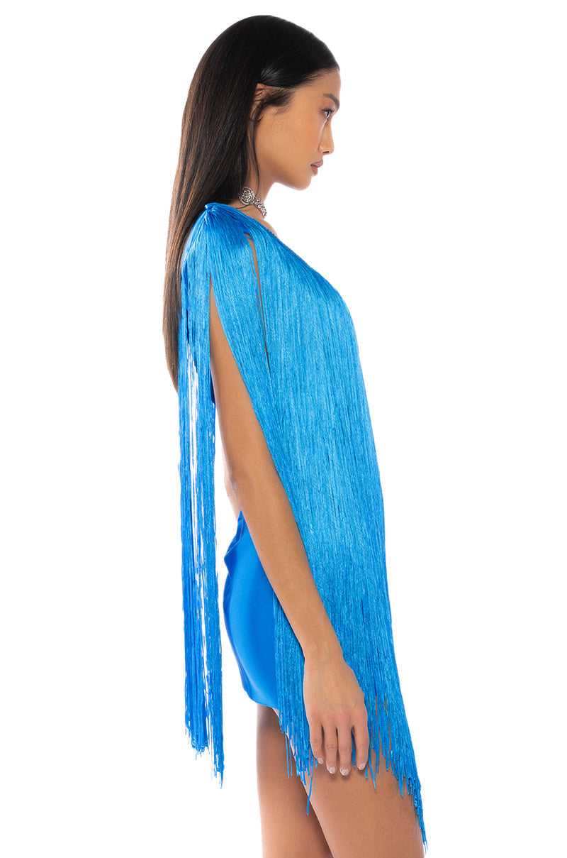 STEVIE DEEP V BANDAGE WITH FRINGE MINI DRESS
