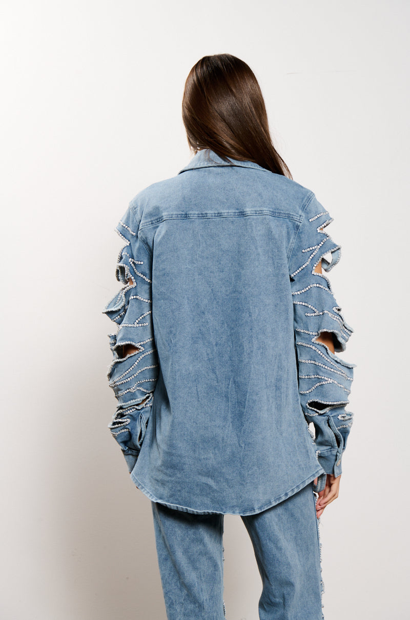STRIPPED DOWN BUTTON DOWN DENIM SHIRT