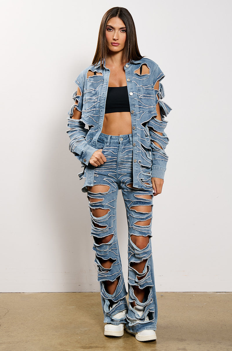 STRIPPED DOWN BUTTON DOWN DENIM SHIRT