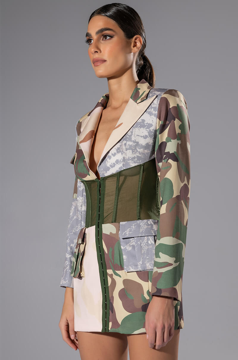 STRONG ONE PATCHWORK CAMO CORSET BLAZER