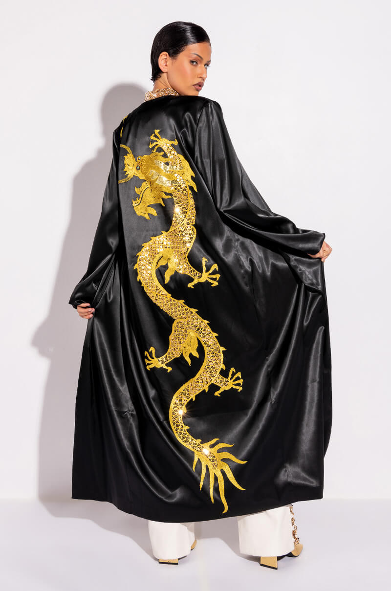 SATIN DUSTER WITH EMBROIDERED DRAGON