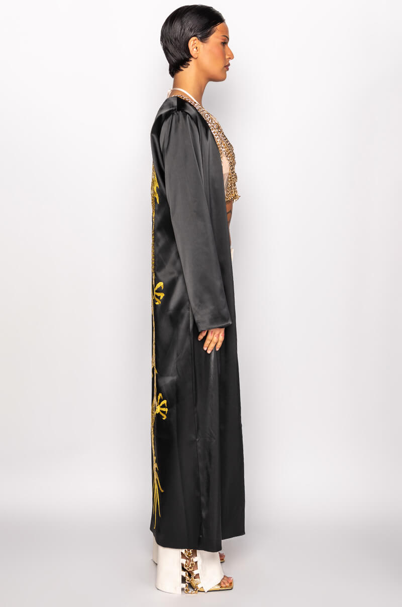 SATIN DUSTER WITH EMBROIDERED DRAGON