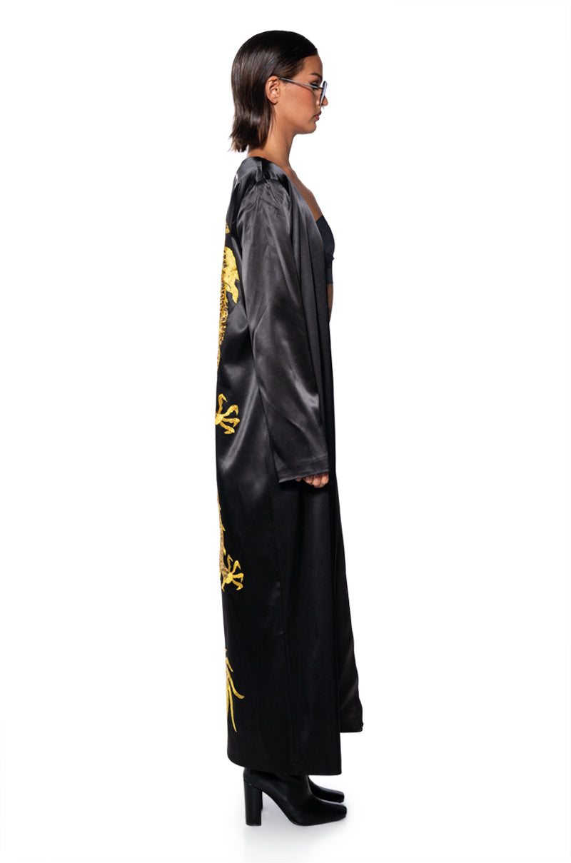 SATIN DUSTER WITH EMBROIDERED DRAGON