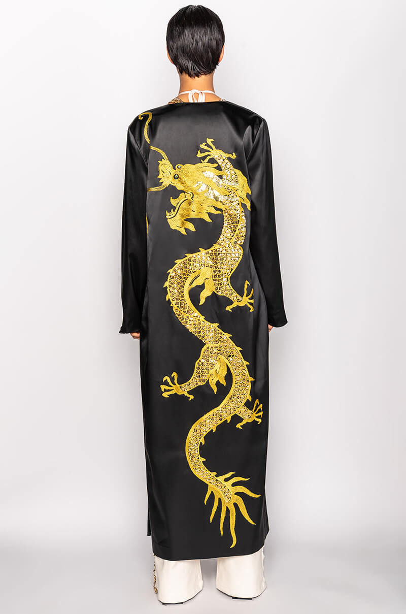 SATIN DUSTER WITH EMBROIDERED DRAGON
