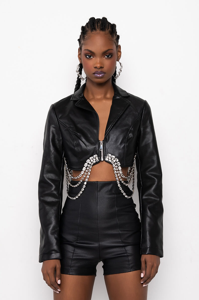GWEN CROP PU JACKET WITH RHINESTONE TRIM