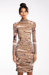 TALK ABOUT IT MIDI RUCHED MESH DRESS