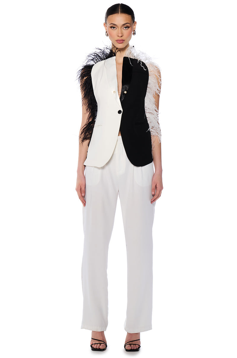 THE ONE FEATHER TRIMMED OPEN BACK BLOUSE