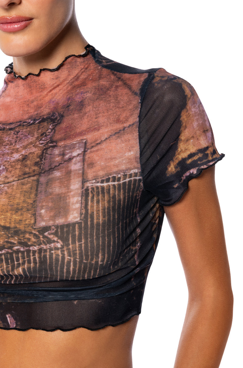 TIA LETTUCE HEM PRINTED MESH TEE