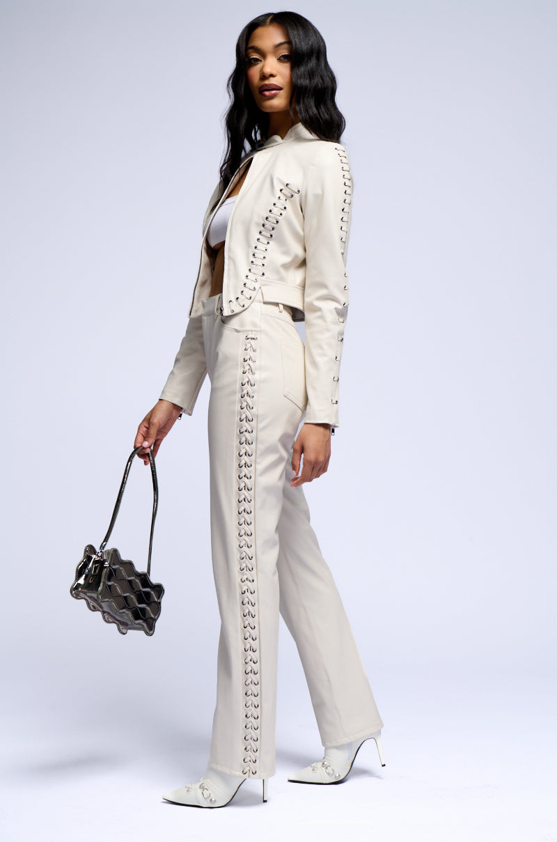 UNBELIEVABLE LACE UP FAUX LEATHER FLARED PANT