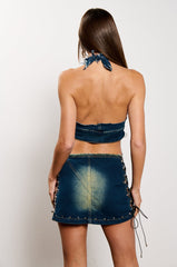UNBOTHERED DISTRESSED DENIM HALTER TOP
