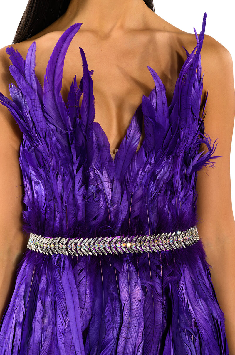 VIBRANT ALL OVER FEATHER STRAPLESS MINI DRESS