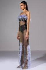 VIOLETTE RHINESTONE MESH FEATHER COLUMN DRESS
