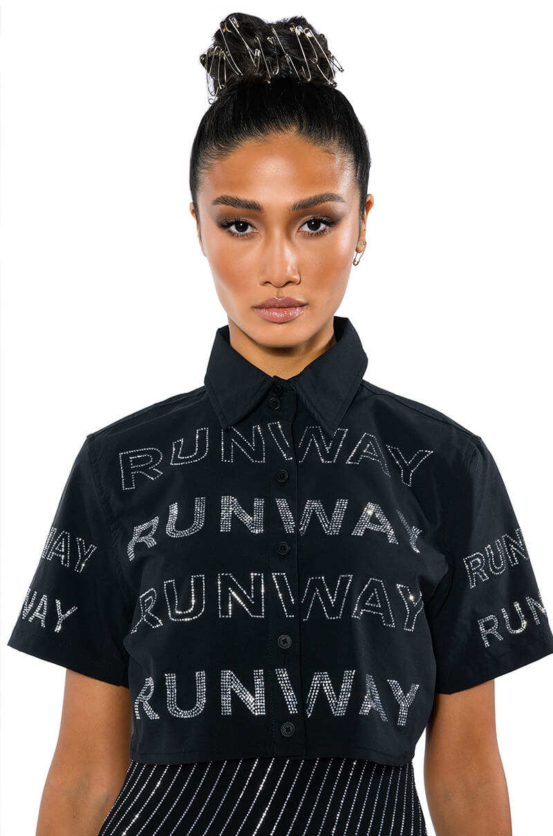 WALK THE WALK RHINESTONE CROPPED SHIRT