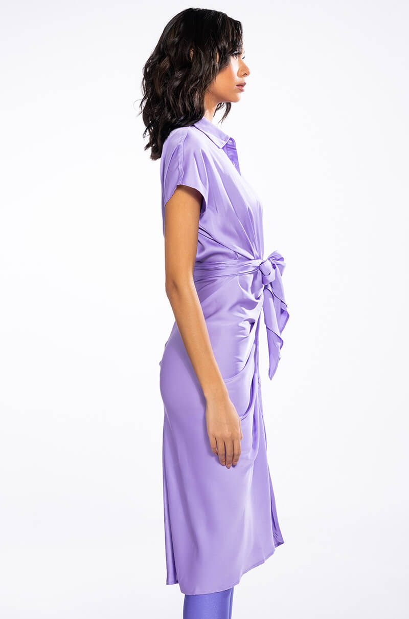 WEDDING GUEST READY SATIN TIE FRONT DRESS