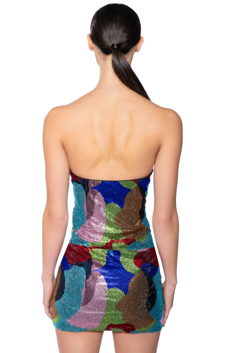 WORK OF ART RHINESTONE MINI DRESS IN MULTI