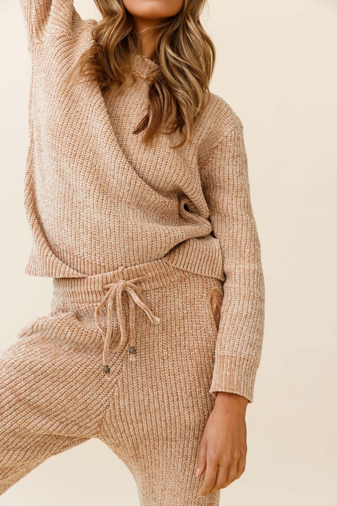 Robin Cuffed Hem Drawstring Ribbed Knit Pants Tan