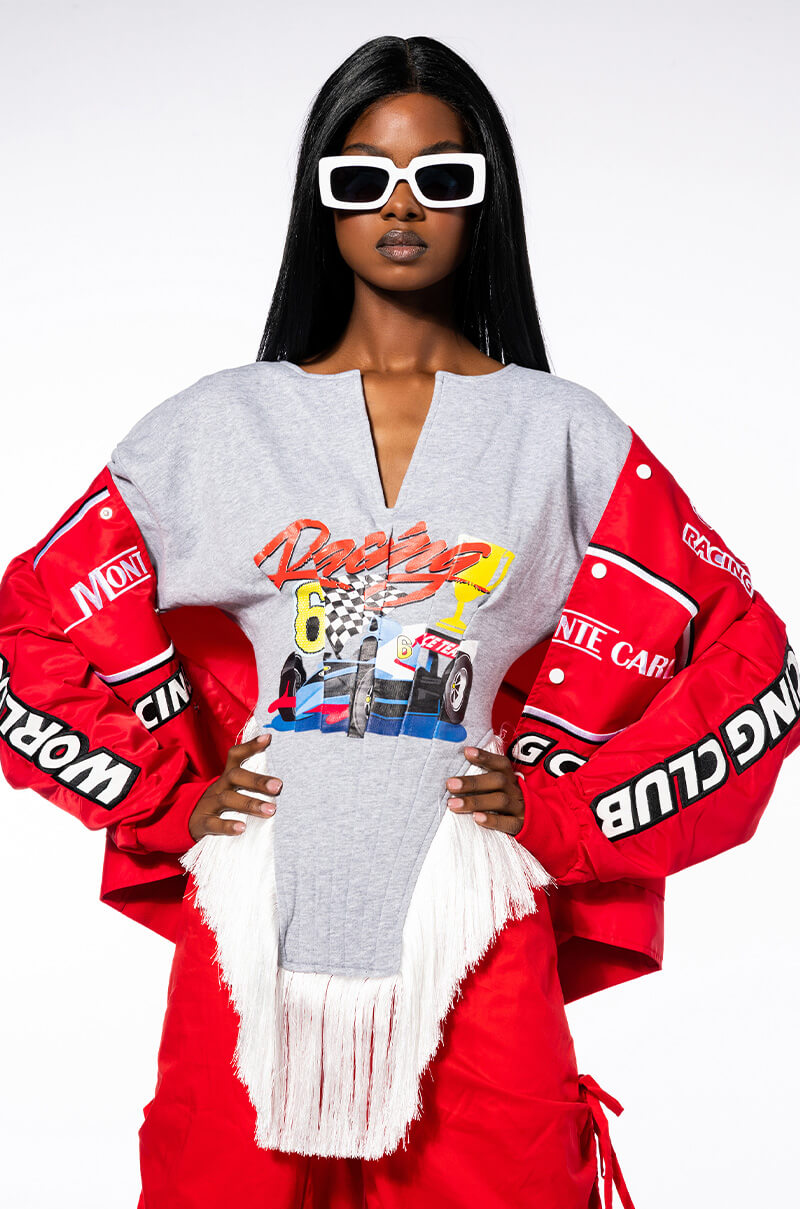 ZOOM ZOOM CORSETED FRINGE SWEATSHIRT